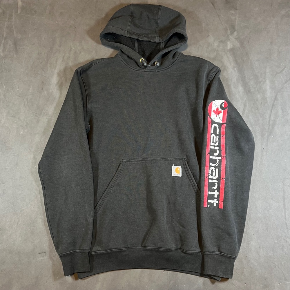 Carhartt Original Fit Hoodie Mens S Black Canada Flag Graphic Sleeve Pullover